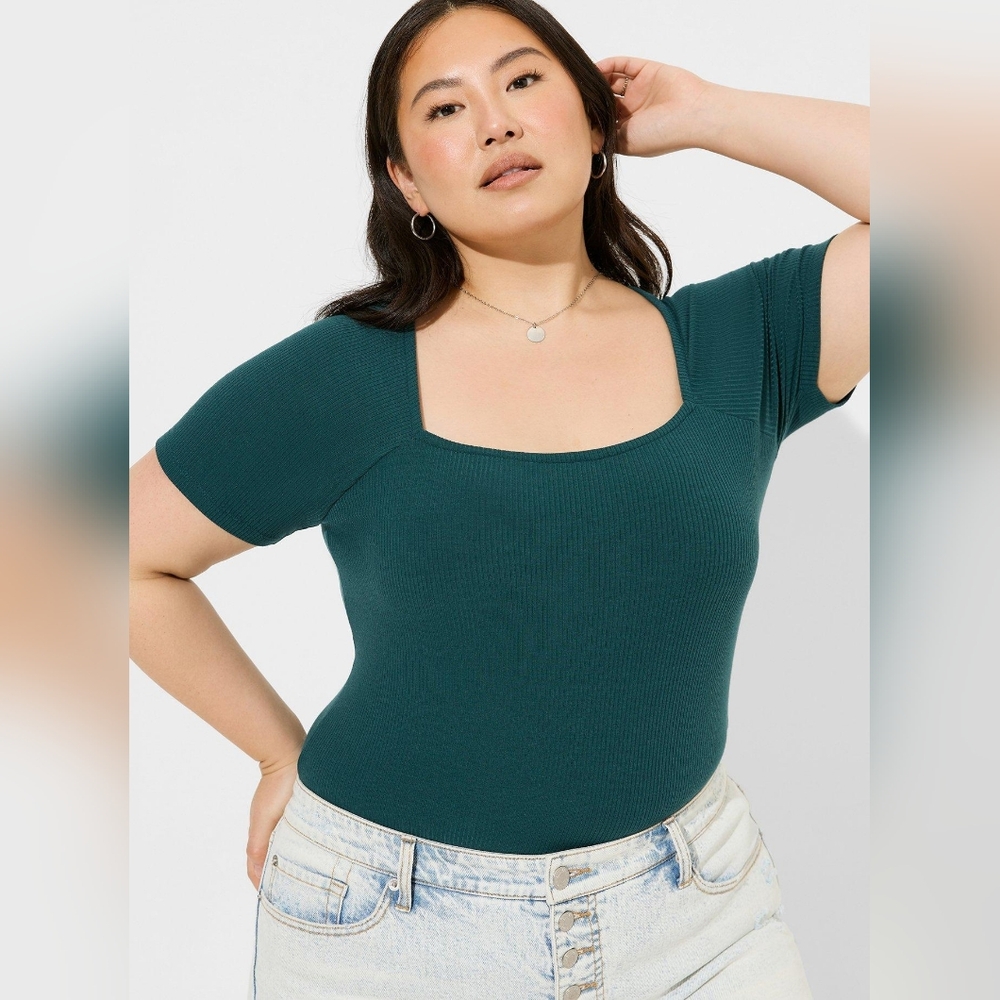 Torrid "Super Soft" Ribbed, Fitted Square Neck Top in Deep Green